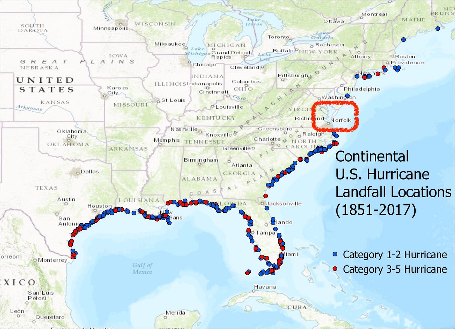Where hurricanes have made landfall since 1851. Highlighted is Norfolk, Virginia. Map by Philip Klotzbach via Twitter Where hurricanes have made landfall since 1851. Highlighted is Norfolk, Virginia. Map by Philip Klotzbach via Twitter