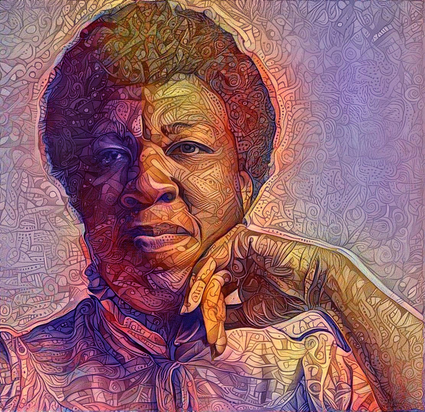 A generative AI manipulated image by Nettrice Gaskins of Octavia Butler, a Black American woman writer with neatly trimmed natural Afro hair and her left hand resting on her chin. The image is covered in intricate swirly patterns and rendered in a light pink and purple filter.
