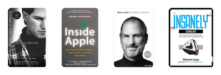 Book covers: Becoming Steve Jobs, Inside Apple, Steve Jobs, Insanely Great
