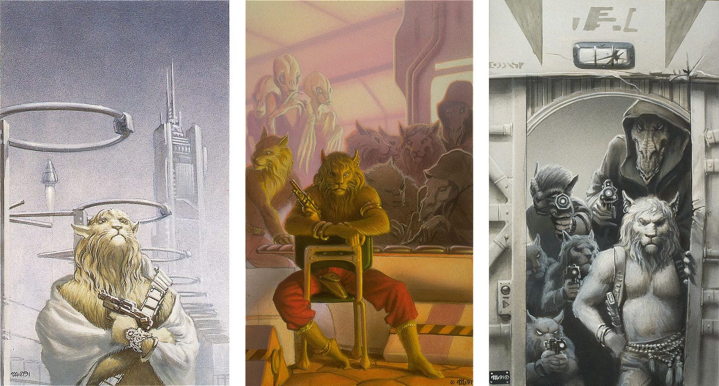 Three preliminary concepts for CHANUR’S BREAKOUT. LEFT: The leonine figure of a Hani holds a cloak around it with arms crossed and a laser pistol gripped in one hand. Rings rise in the futuristic cityscape behind it. In a hazy spacebar, a Hani wearing only red pants sits with arms resting on the back of a chair and laser pistol loosely in its grip. It stares at the viewer expectantly. Gold bangles accent the fur on one upper arm and the opposite wrist. Other aliens fill the background. RIGHT: Bulkhead doors slide open to a band of armed aliens pointing laser weapons at the viewer. Primary among them is a Hani wearing a shoulder holster and resting a hand on its hip.