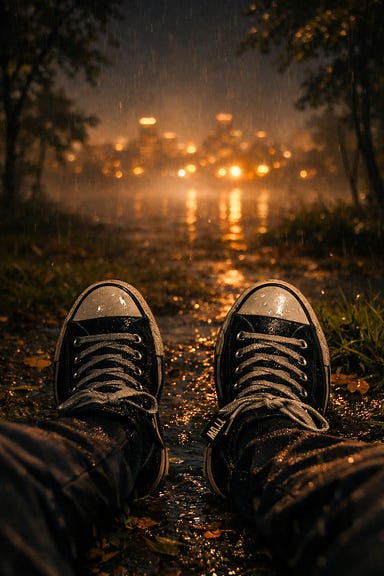 Summer night rain POV in sparse park