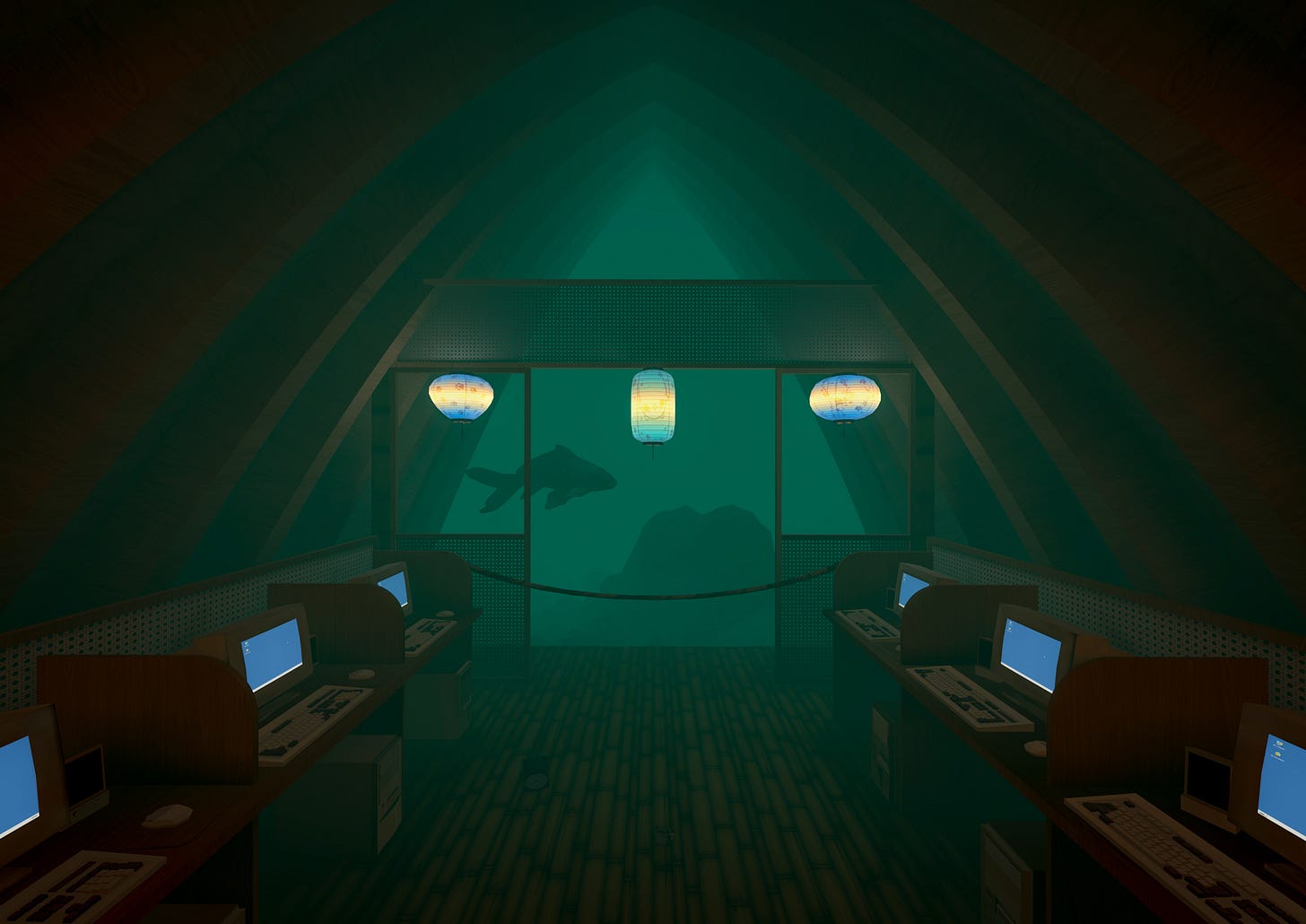 Another room in [EOL] End of Life, this time an underwater room with rows of computer monitors on each wall. A shark can be glimpsed through the far window.