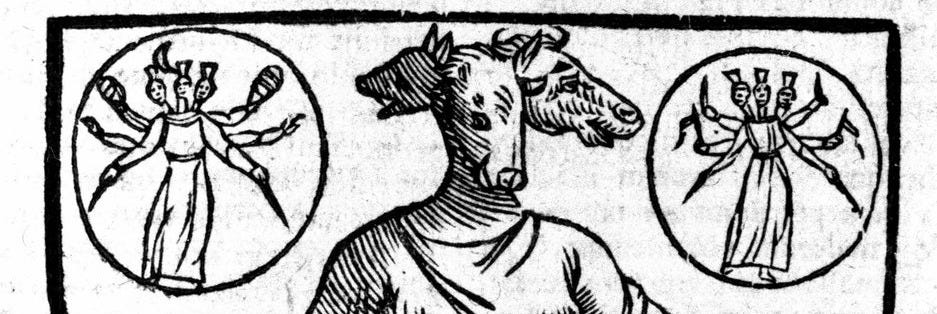 Representação de Hecate, divindade grega maligna, que foi erguida na  encruzilhada, geralmente tinha três cabeças. Gravura do século XVII.