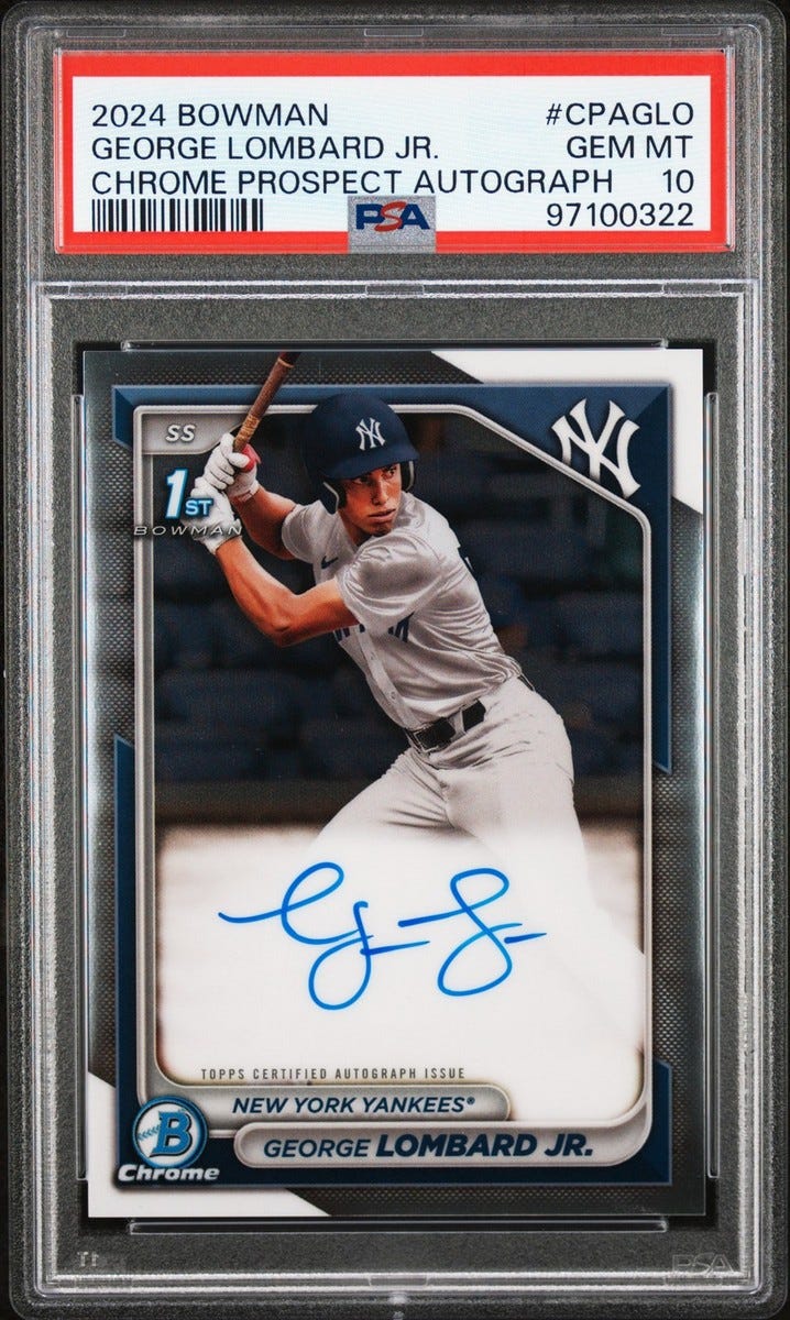 2024 BOWMAN CHROME PROSPECT AUTO #CPAGLO GEORGE LOMBARD JR. PSA 10 2024 BOWMAN CHROME PROSPECT AUTO #CPAGLO GEORGE LOMBARD JR. PSA 10