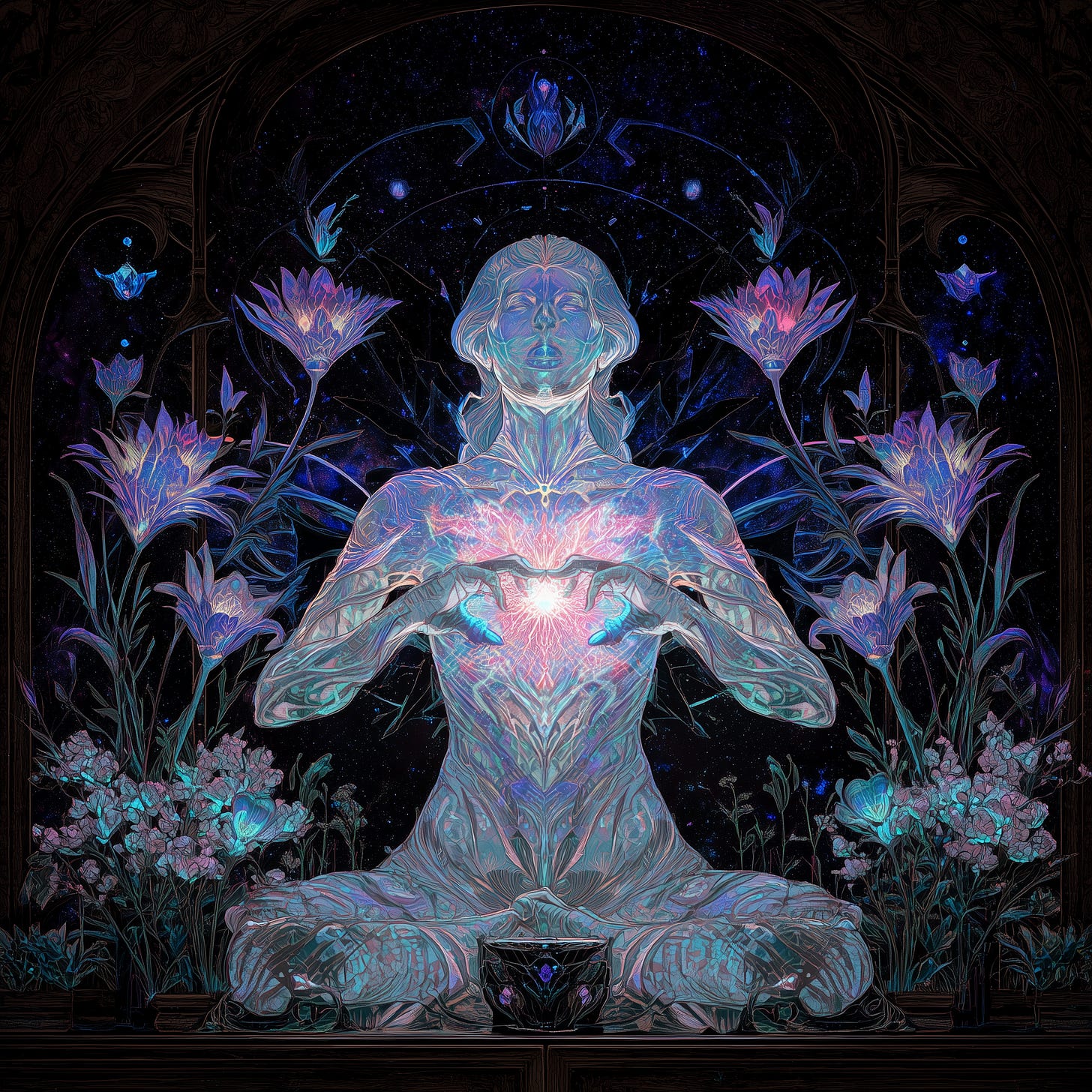 electromagnetic heart field, glowing fractal torus, human silhouette radiating cosmic energy, sacred geometric grid, cinematic mystical atmosphere, visionary art, vibrant color scheme