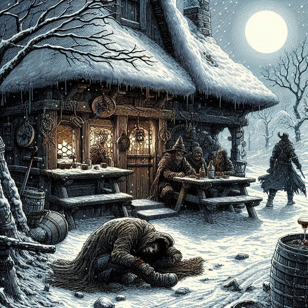medieval vampire outside tavern, snowy ground, man curled in ball on ground, dungeons and dragons fantasy drawing medieval vampire outside tavern, snowy ground, man curled in ball on ground, dungeons and dragons fantasy drawing