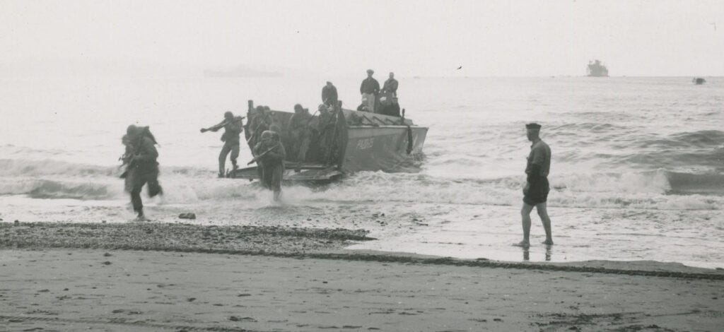 Marines boarding Higgins boats throughout the Pacific in World War II