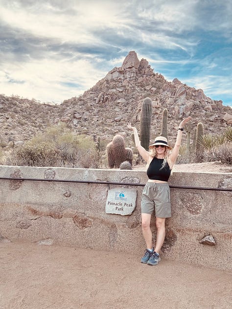 Three photos from Arizona desert hikes including Pinnacle Peak and Gateway Loop showing desert trails, saguaro cacti, and a hiker celebrating scenic mountain views near Phoenix.