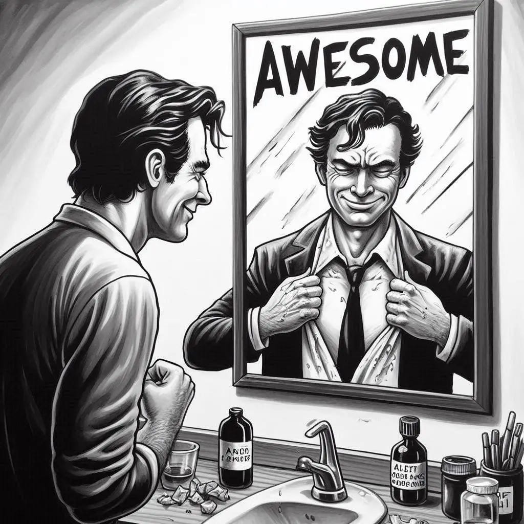 An insecure man seeing himself as awesome in the mirror in black and white ink and gouache style
