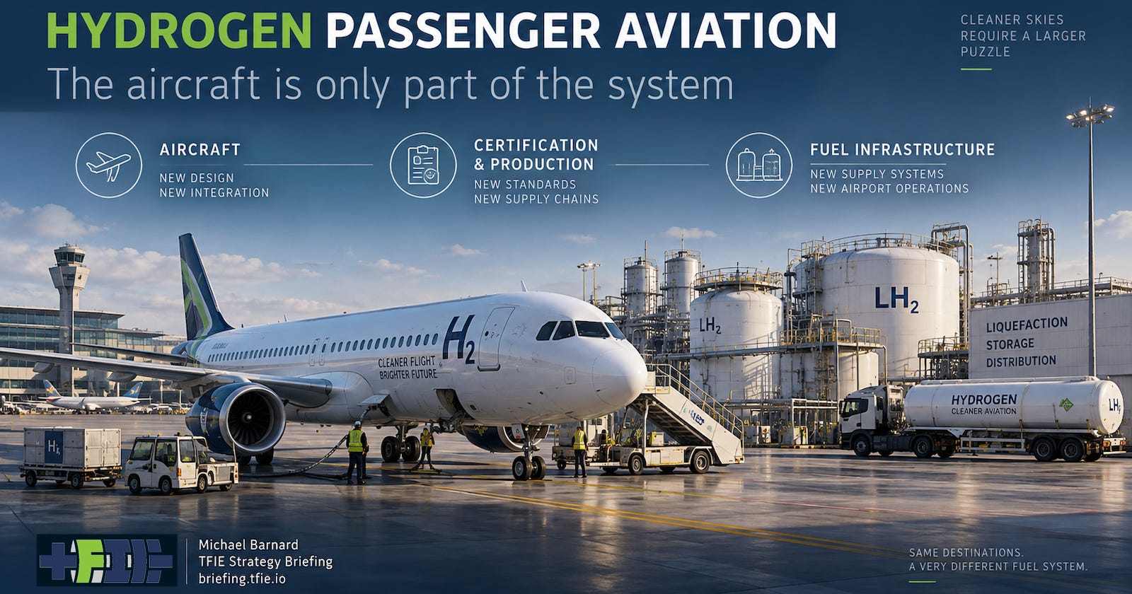 Passenger aircraft on an airport apron with aircraft production facilities and a substantial liquid-hydrogen supply, liquefaction and storage complex behind it.