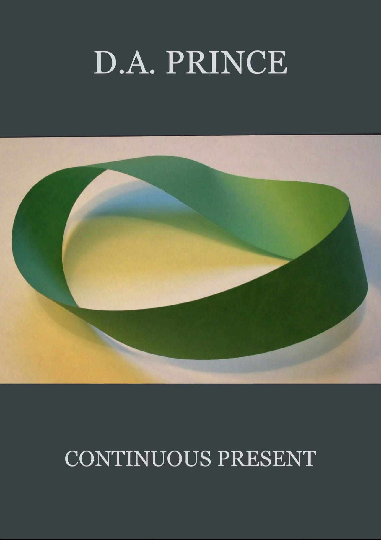 Book cover in grey and cream with a large green möbius loop throwing a yellow shadow.