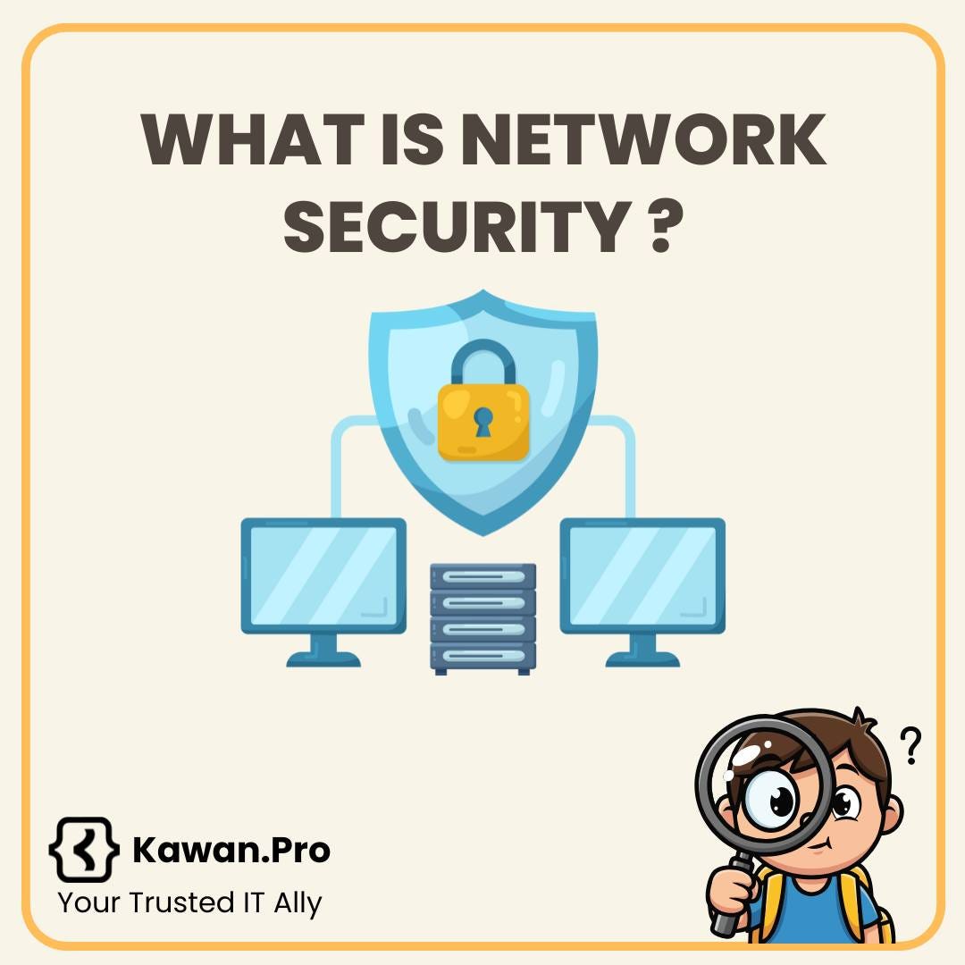 May be an image of text that says 'WHAT IS NETWORK SECURITY? 4自空 Kawan.Pro Your Trusted IT Ally'