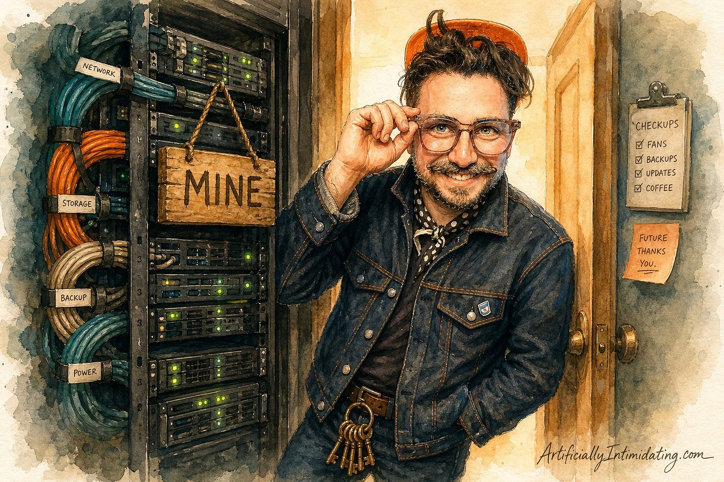 Watercolor illustration of the author in a small server closet beside a single equipment rack, a ring of brass keys on his belt and a wooden sign hanging on the rack reading MINE.