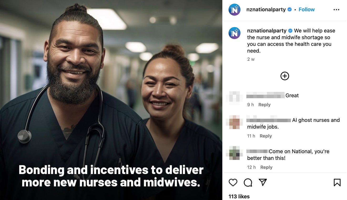 A New Zealand National Party ad using AI-generated people of apparent Pacific island descent.