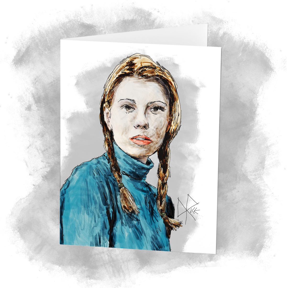 A head and shoulders portrait of a woman wearing a cyan turtleneck sweater, with her blonde hair tied in pigtails. Sketch art by Don Rice.