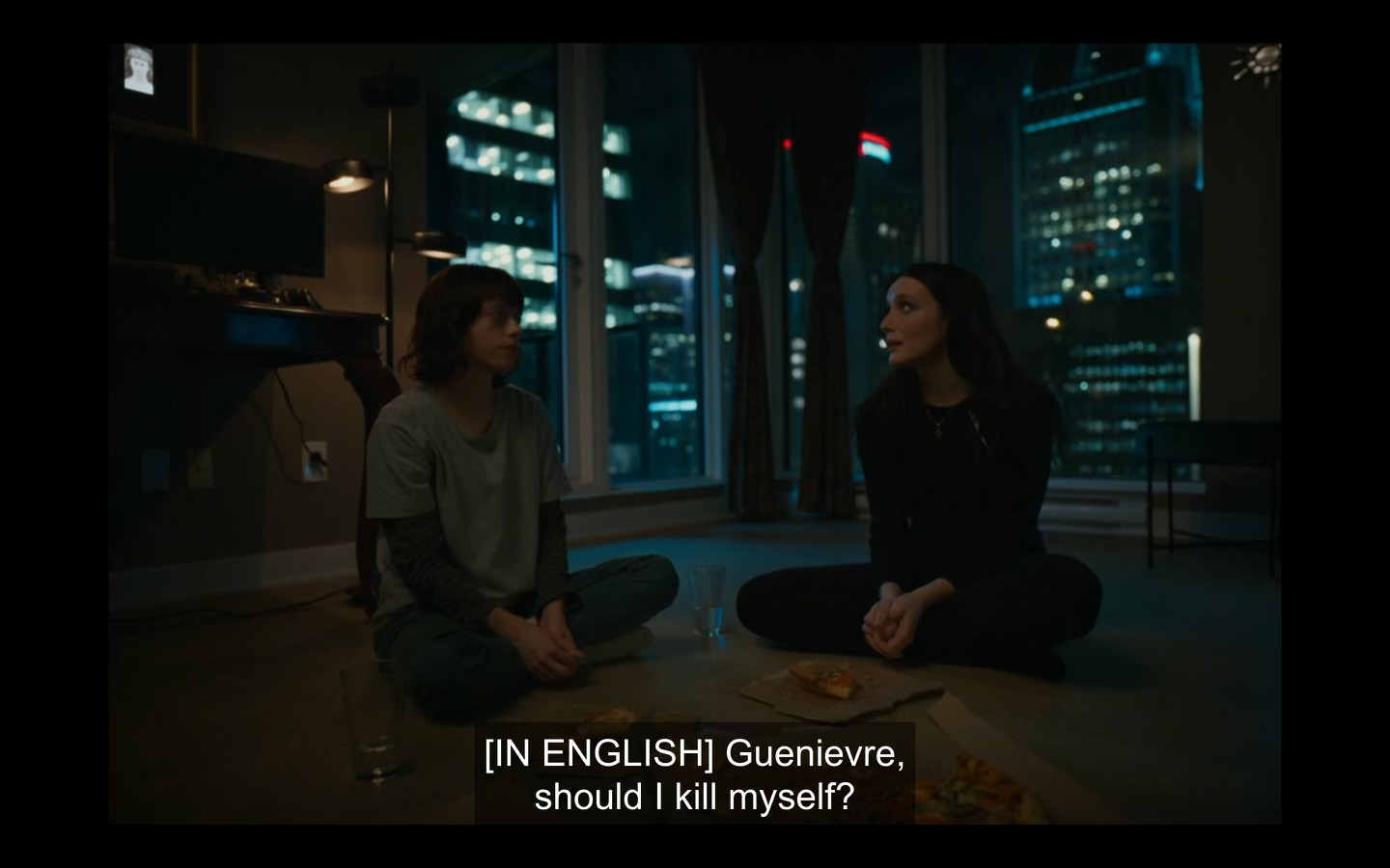 Screenshot from Red Rooms showing two women on the floor eating pizza. One asks "Guenievre, should I kill myself?"