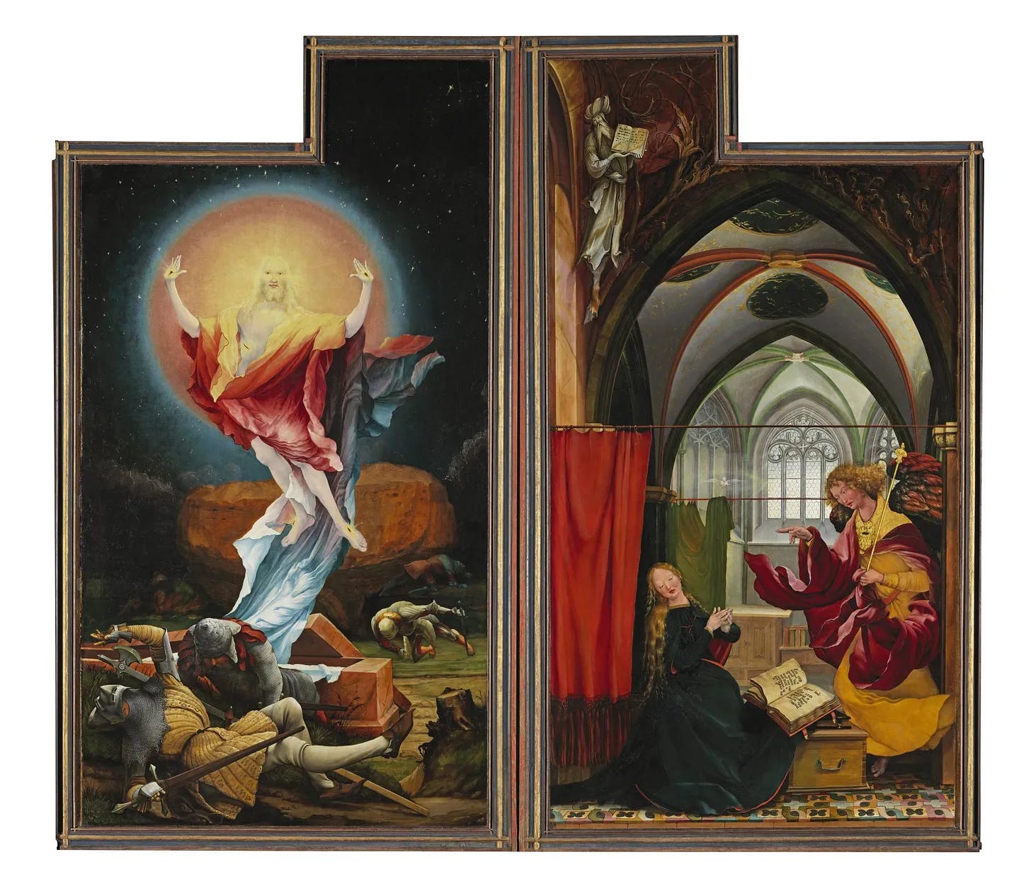 Matthias Grünewald — Annunciation and Resurrection (Isenheim Altarpiece, c. 1512–1516)