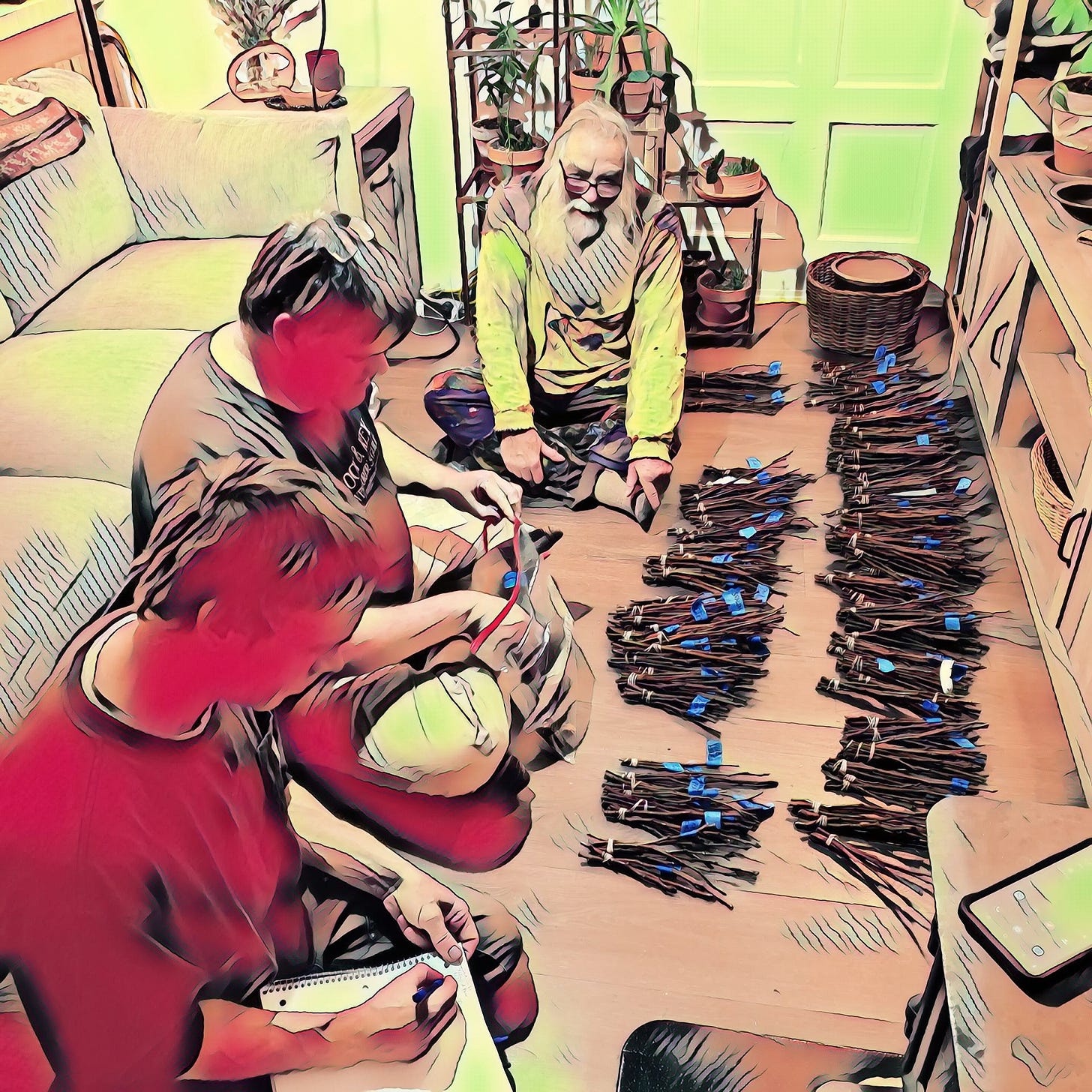 Sorting and organizing scion for sharing at the Agrarian Sharing Network event in Williams Oregon.