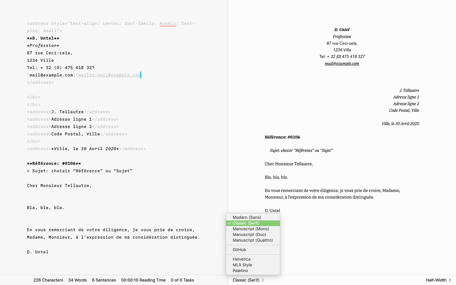 Lettre en français template for iA Writer