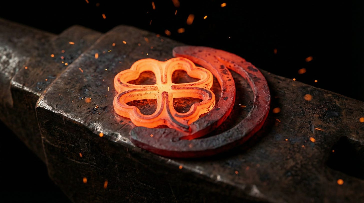 The CloverNight logo — a four-leaf clover inside a crescent moon — rendered as a freshly forged iron emblem glowing cherry-red on a blacksmith's anvil