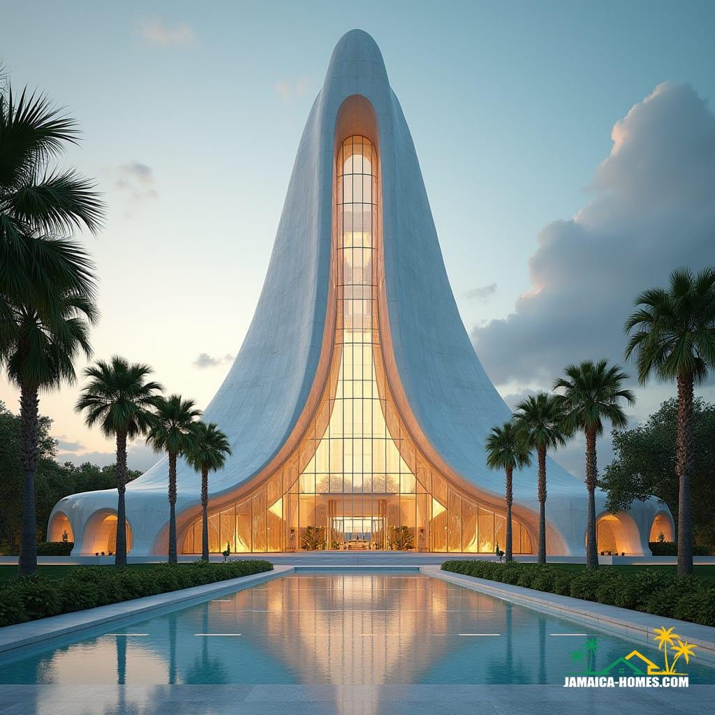 A futuristic cathedral of glass and stone ascends above Kingston’s skyline, a harmonious blend of modern minimalism and Caribbean vibrancy. Its towering stained-glass windows, bathed in glowing sunlight, abstractly depict Jamaican history and faith. Palm trees and city lights shimmer and reflect on its mirrored surfaces. A vast open plaza, crafted from smooth white stone with serene water features, welcomes worshippers, symbolizing peace and renewal. Hyper-realistic, architectural masterpiece, cinematic lighting, ultra-detailed. Cinematic film still, shot on v-raptor XL, film grain, vignette, color graded, post-processed, 35mm film, live-action, best quality, atmospheric, a masterpiece, epic, stunning, dramatic lighting.