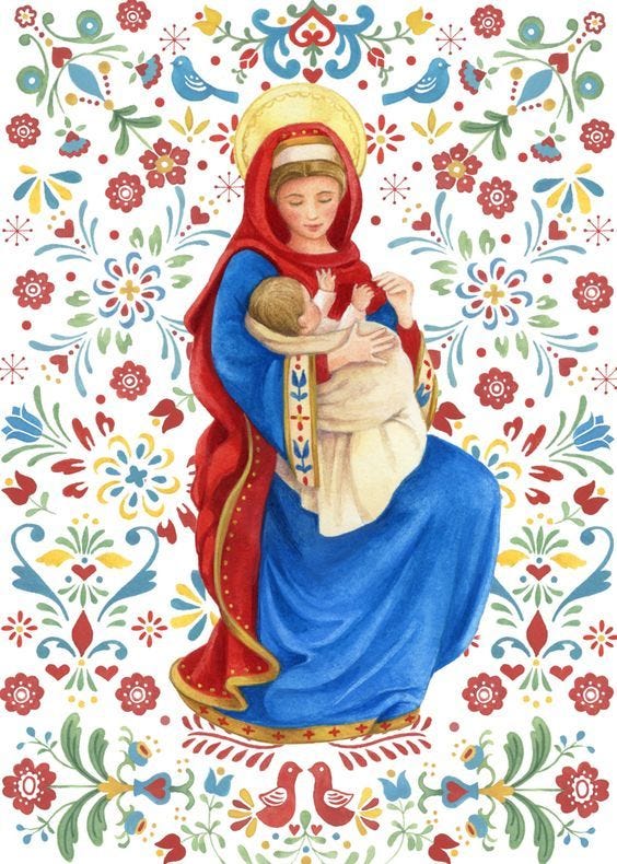 This may contain: the virgin mary holding a baby jesus in her arms