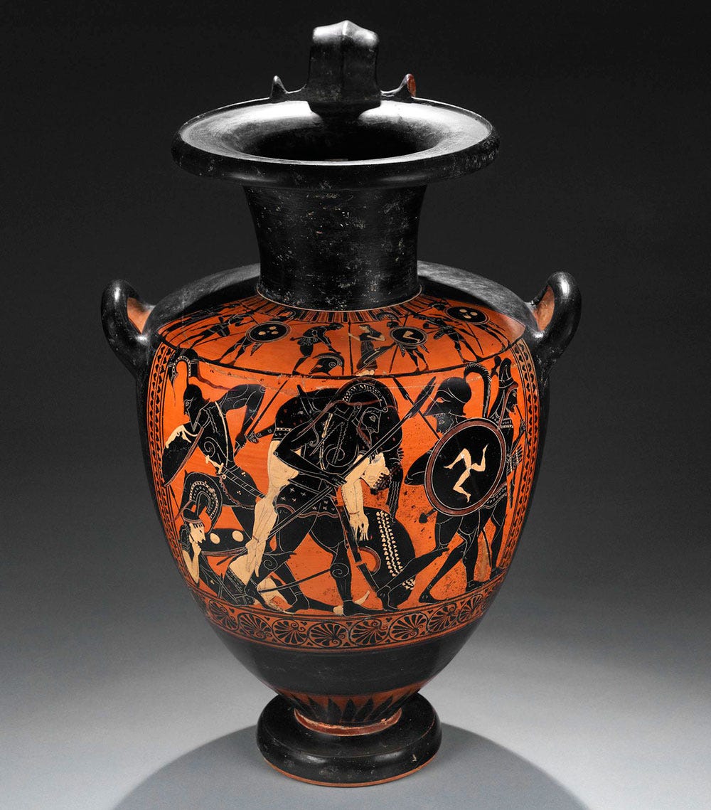 A black and orange ceramic vase featuring a battle scene A black and orange ceramic vase featuring a battle scene