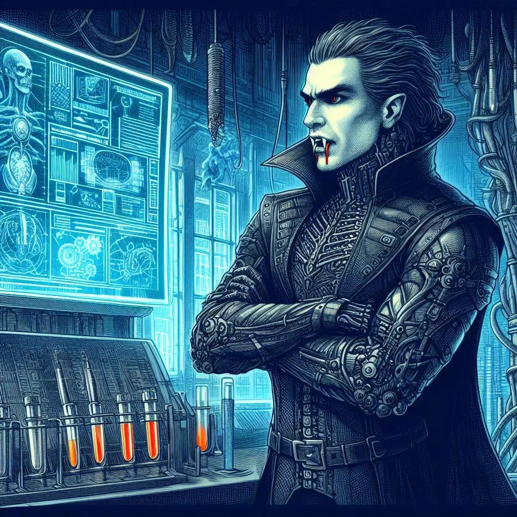 vampire Italian scientist in a futuristic lab, sci-fi drawing vampire Italian scientist in a futuristic lab, sci-fi drawing
