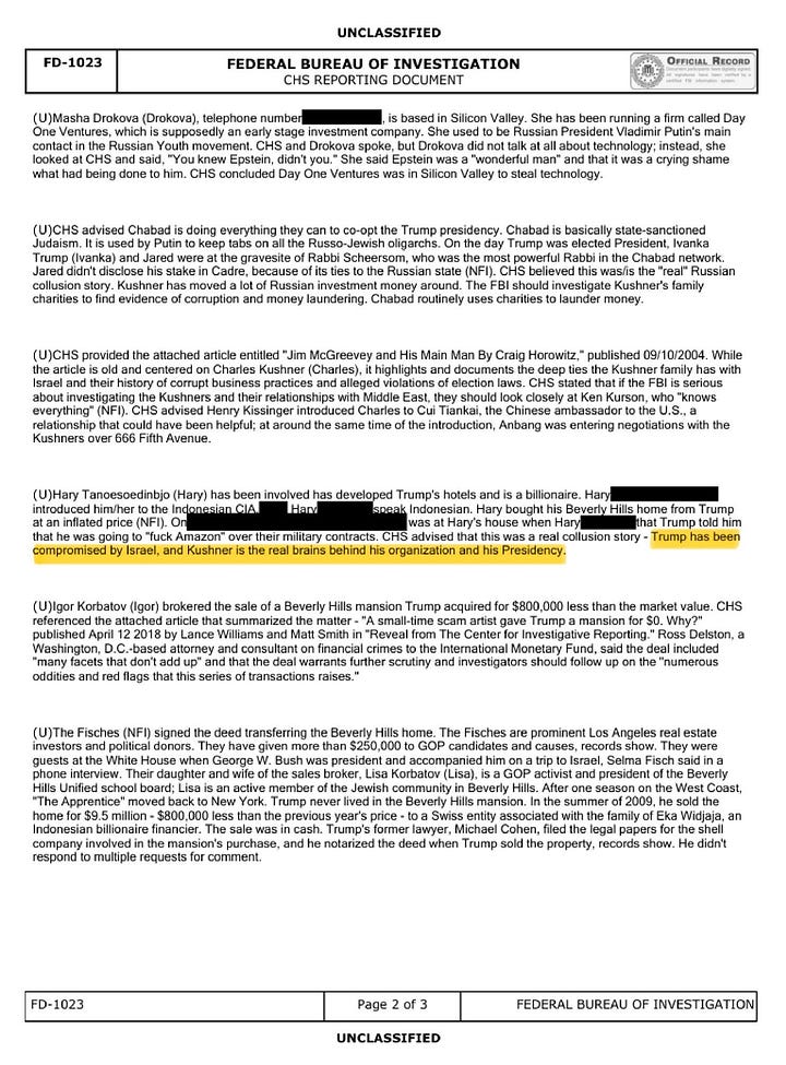Taken together, these FBI documents trace the same chain again and again: Rothschild introductions → Epstein access operations → Dershowitz mediation → Adelson / Netanyahu / Mossad influence → Jared Kushner inside the White House.