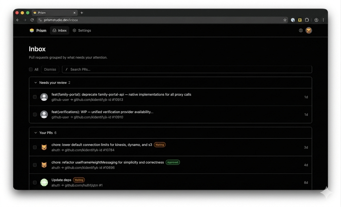Screenshot of Prism at https://prismstudio.dev. It shows a PR inbox with items in different sections: needs your review, your PRs, your drafts, and recently merged.
