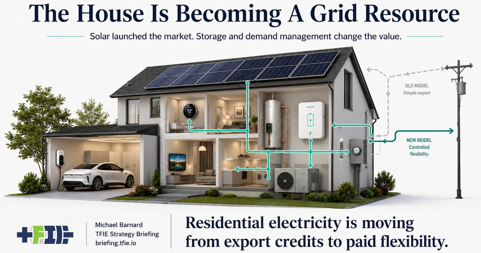 Cutaway home with solar, battery, EV charger and energy flows showing paid residential flexibility.