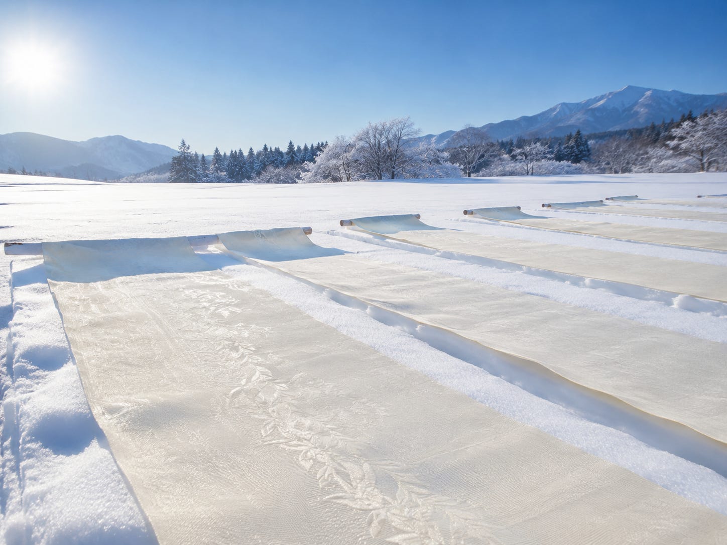Long bolts of pale cloth laid out flat across a bright snowfield under a clear blue sky, receding toward snow-dusted trees and a mountain ridge: cloth bleaching on the snow. Long bolts of pale cloth laid out flat across a bright snowfield under a clear blue sky, receding toward snow-dusted trees and a mountain ridge: cloth bleaching on the snow.