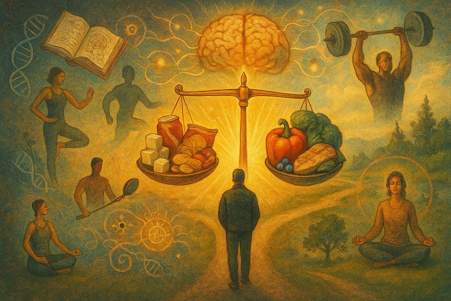 exercise, the mind, balance and the scales healthy food on one side sugar on the other