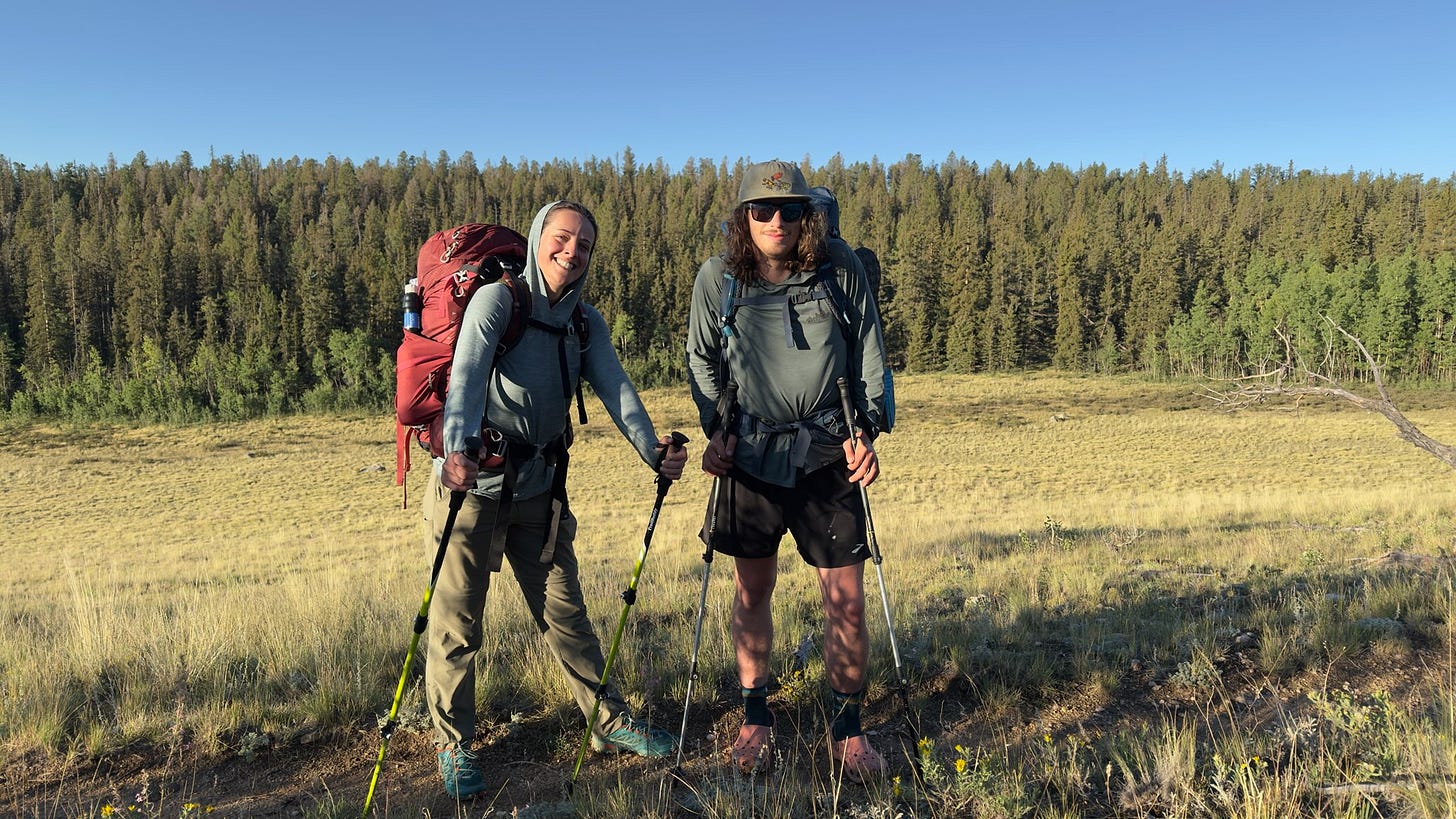 Two Colorado Trail thru-hikers standing on open meadow terrain with full packs and trekking poles, early-season bodies still adapting to long descents