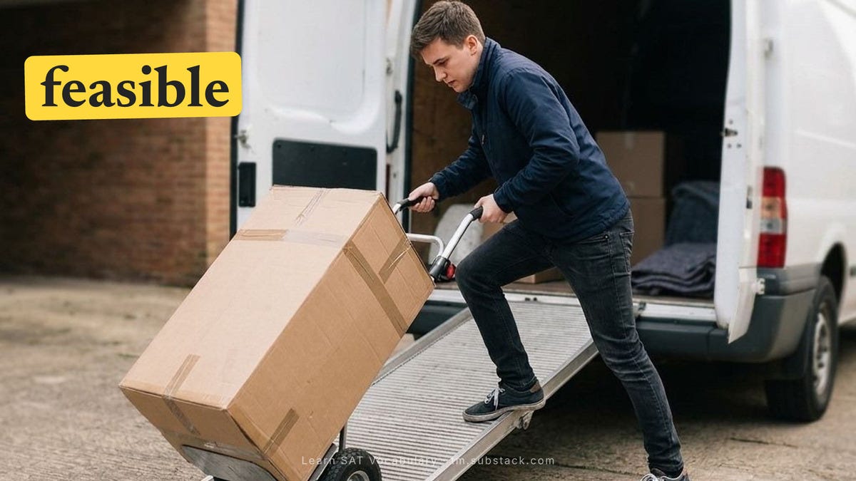 A student uses a handcart and ramp to move a heavy box into a delivery van, showing that the task can be accomplished with a practical plan — “feasible” means doable; capable of being carried out successfully.