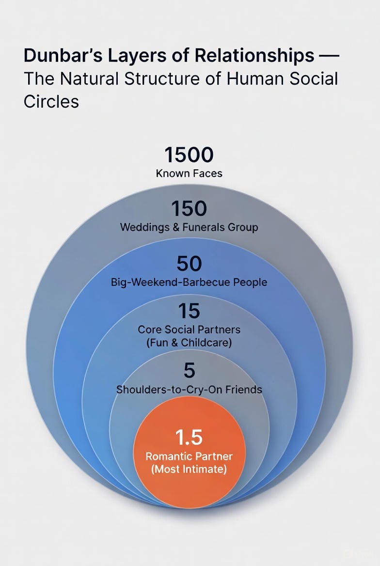A clean, modern infographic diagram illustrating Dunbar's layers of human relationships as concentric circles on a white background. At the center is an orange circle labeled "EGO" with "1.5 / Romantic Partner (Most Intimate)". Surrounding layers in gradient blues: "5 / Shoulders-to-Cry-On Friends", "15 / Core Social Partners (Fun & Childcare)", "50 / Big-Weekend-Barbecue People", "150 / Weddings & Funerals Group", and the outermost dark blue ring "1500 / Known Faces". Title at the top reads "Dunbar's Layers of Relationships — The Natural Structure of Human Social Circles" in bold black text. Professional, minimalist design emphasizing emotional closeness and social limits.