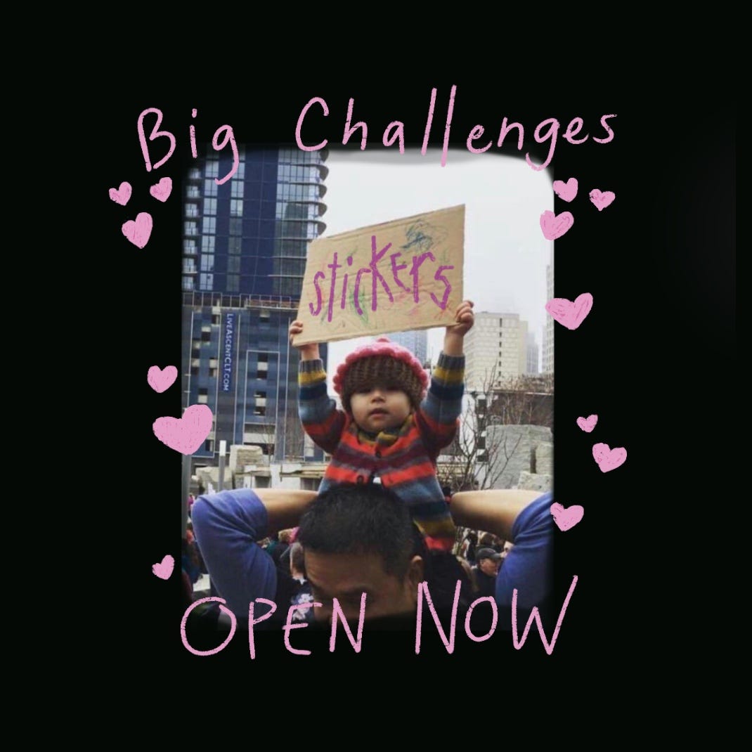 Photo of a toddler on their parents’ shoulders at a protest, holding up a cardboard sign covered in scribbles and the word STICKERS. Text over the photo says Big Challenges / OPEN NOW