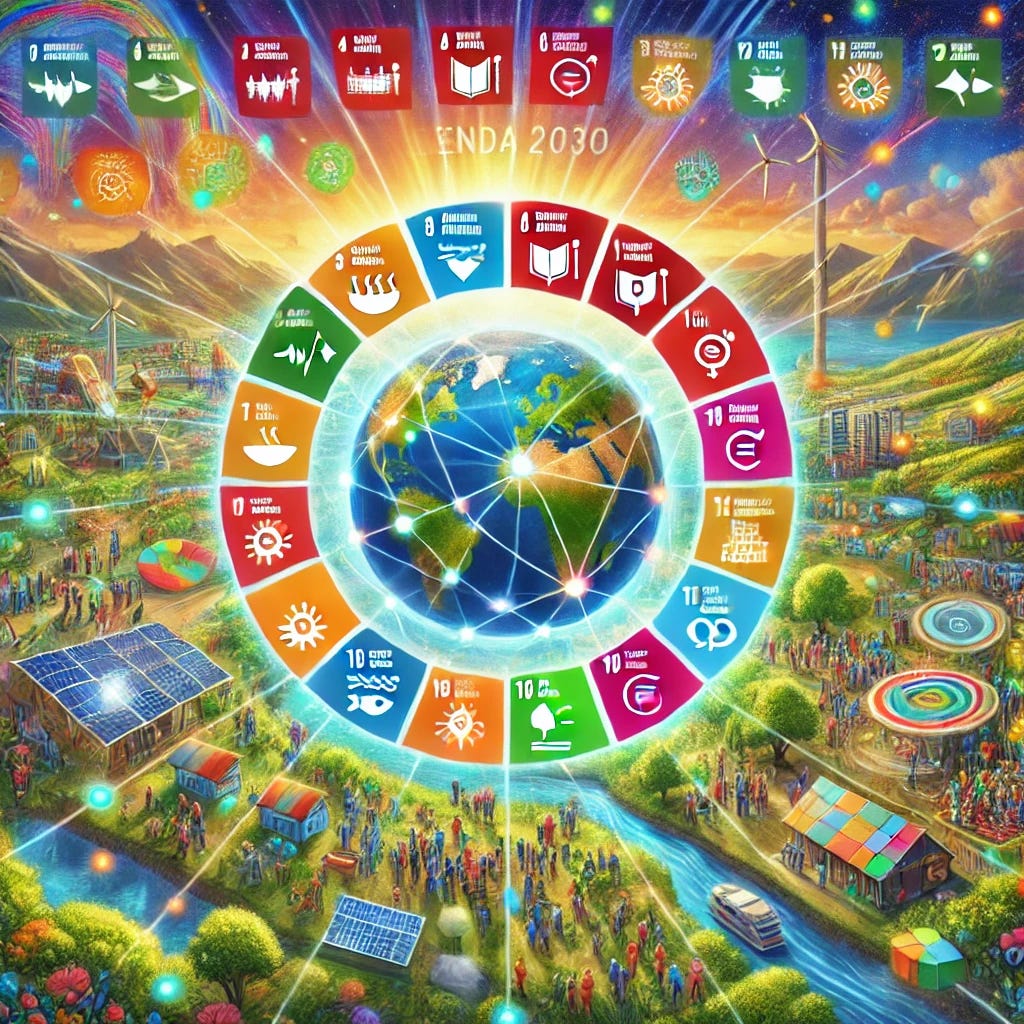 A vibrant and detailed illustration symbolizing Agenda 2030, featuring the 17 Sustainable Development Goals represented as colorful icons surrounding a central globe. Each icon is interconnected with ribbons of light to show global collaboration. The background showcases a harmonious blend of natural landscapes, renewable energy sources, diverse communities working together, and advanced technology symbolizing progress. The scene is bright and optimistic, emphasizing sustainability, inclusivity, and global unity. A vibrant and detailed illustration symbolizing Agenda 2030, featuring the 17 Sustainable Development Goals represented as colorful icons surrounding a central globe. Each icon is interconnected with ribbons of light to show global collaboration. The background showcases a harmonious blend of natural landscapes, renewable energy sources, diverse communities working together, and advanced technology symbolizing progress. The scene is bright and optimistic, emphasizing sustainability, inclusivity, and global unity.