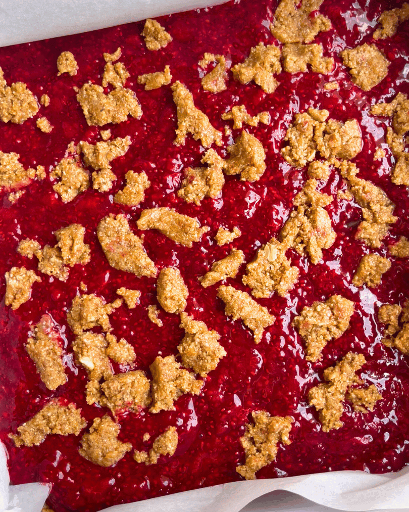 raspberry jam with oat crumbles on top