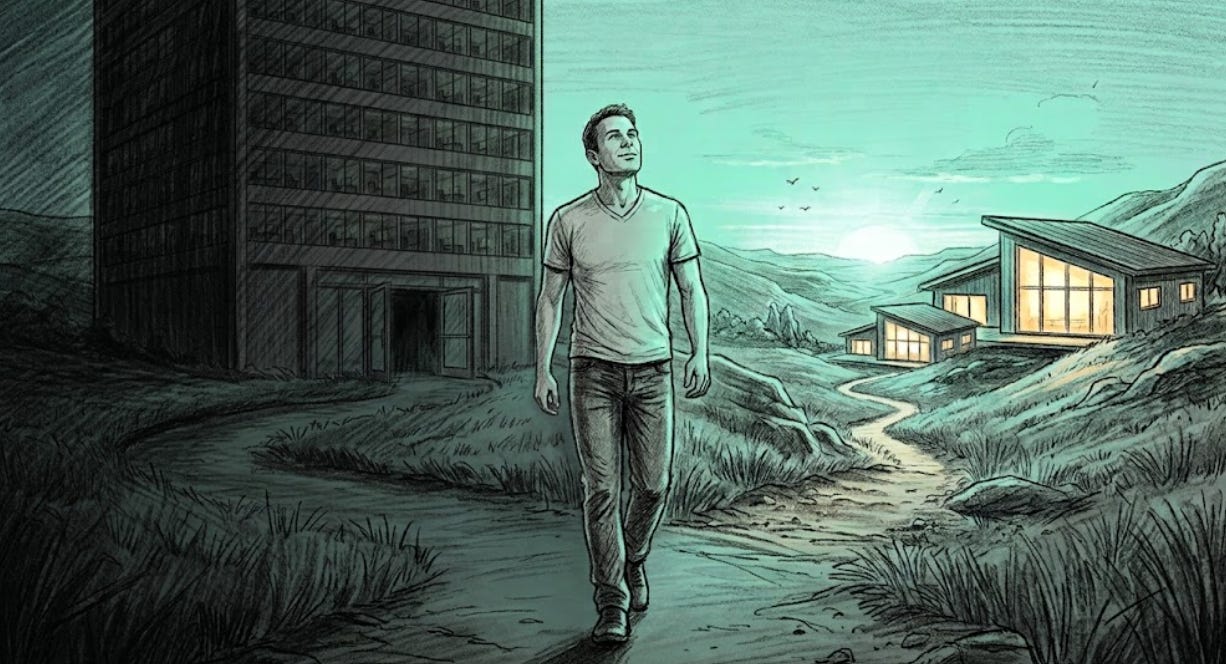 A man in jeans and a V-neck walking out of the shadow of a dark corporate tower toward a sunlit landscape
