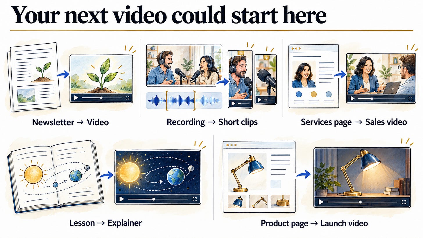 Five video starting points: newsletter to video, recording to short clips, services page to sales video, lesson to explainer, and product page to launch video.