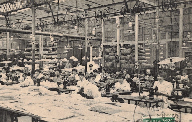 Early 20th century bonnaz factory photo showing women at bonnaz machines