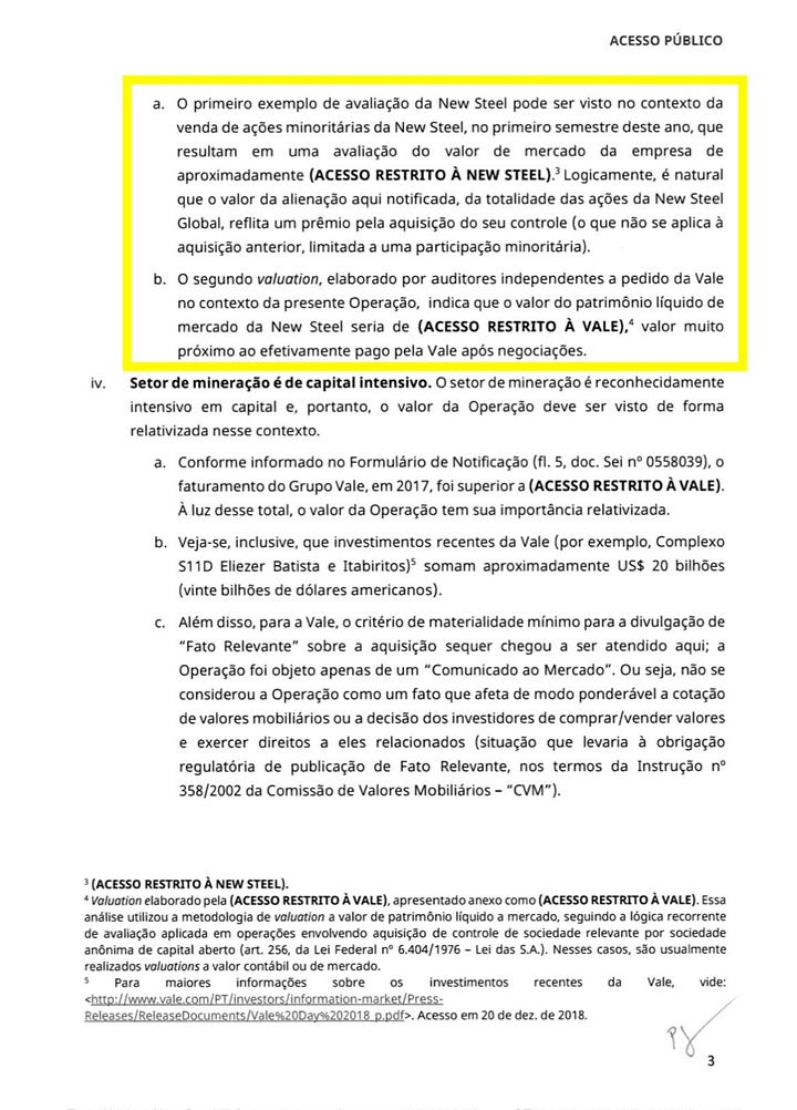 O valor de US$ 500 milhões (...) se espelhou em dois fatores: (i) no valor pago por minoritários (Pacific Mines) de 10% das ações da New Steel no 1.º semestre de 2018, e (ii) na expectativa futura de rentabilidade pela recuperação dos finos de minério depositados nas barragens da Vale em todo o Sistema Sudeste.” O segundo parâmetro do valuation da New Steel, segundo documento do CADE, era exatamente a expectativa de rentabilidade com a venda dos rejeitos da B1 e dos rejeitos da Vale no Sistema Sudeste.