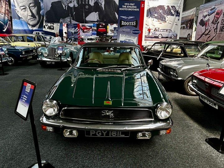 4 photos of cars at The Great British Car Journey A: 1972 Ford Escort B: 1972 Mk3 Ford Cortina C: 1973 Gilbern Invader - a car made in Wales and this is one of the last as the company went bankrupt in 1973 D: 1988 Ford Capri Images: Roland's Travels 2023