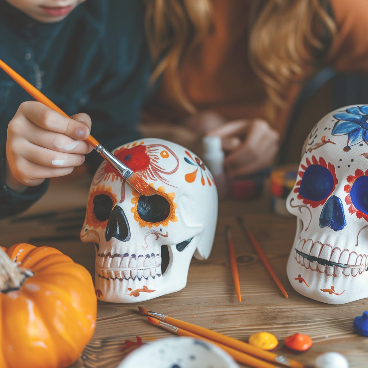 Close-up of two people painting decorative skulls on a wooden table with brushes, paints, and pumpkins—symbolizing the idea of building structure before adding creativity.