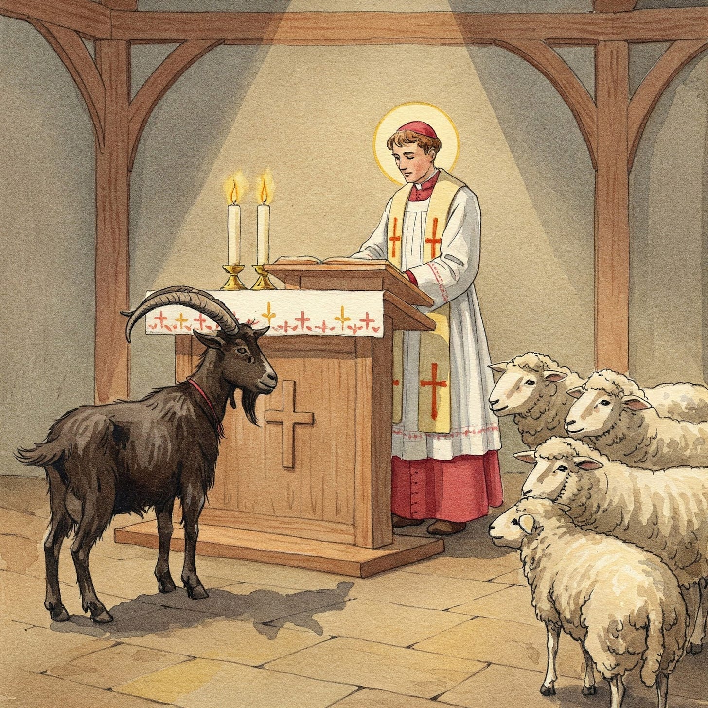 Priest with goat and sheep illustrating Parable of Sheep and Goat