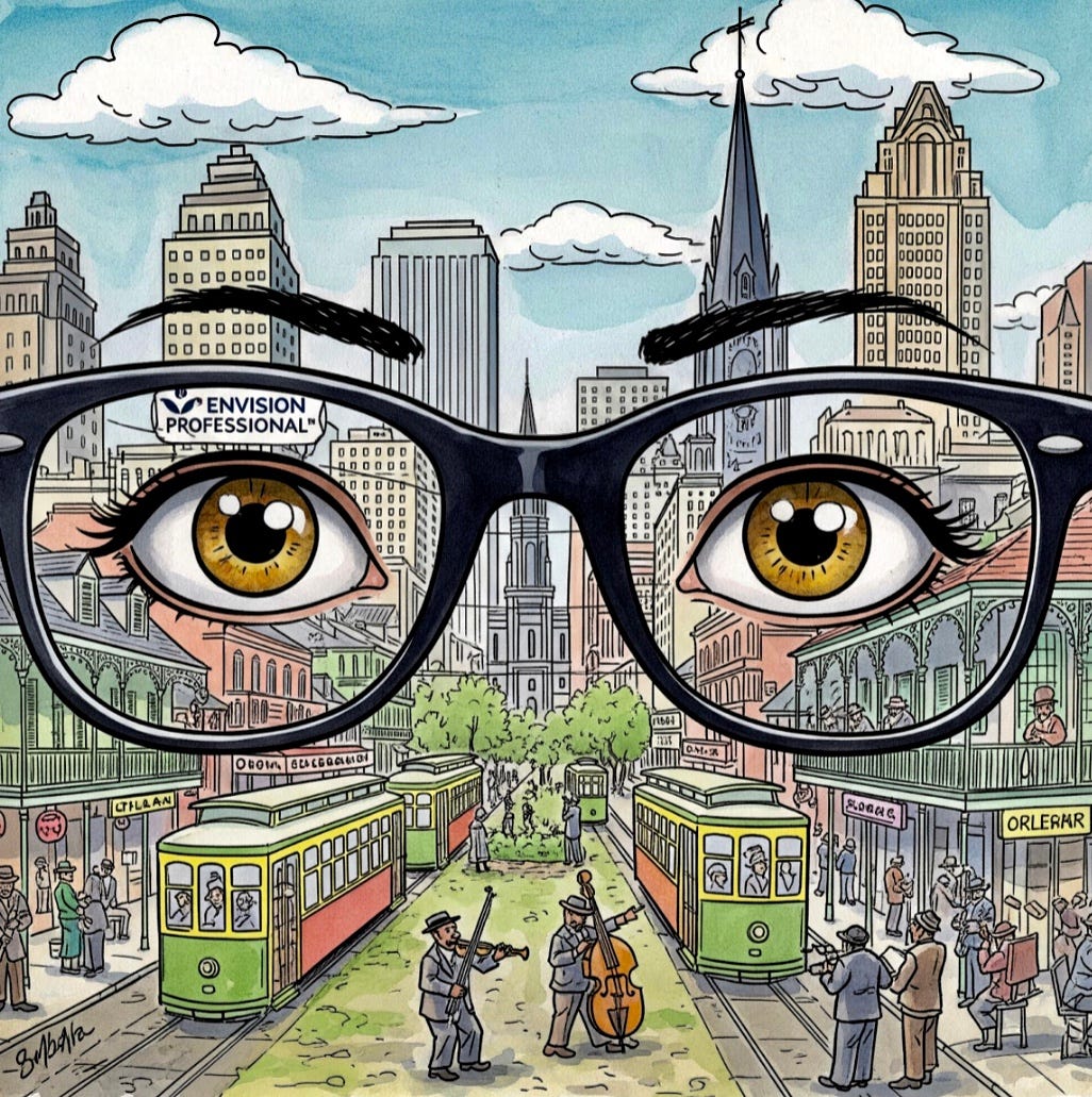 Cartoon image of all seeing eyes looking at New Orleans.