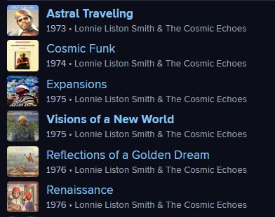 a screenshot of Lonnie Liston Smith & The Cosmic Echoes discography as seen on Rate Your Music