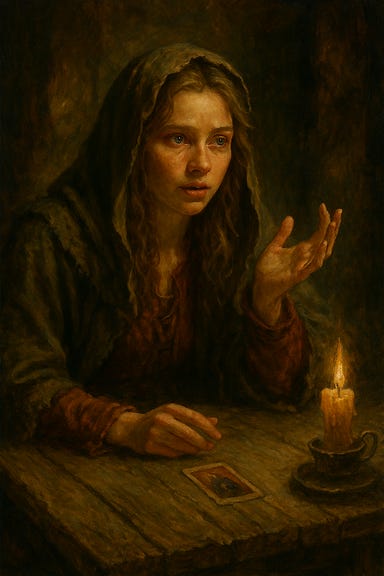 A dark fantasy image of Muriel Vinshaw, resembling Freya Allan, telling the story of eavesdropping on Strahd's Tarokka reading. Muriel stands in a mist-shrouded vineyard courtyard at twilight, her cloak pulled tight around her shoulders, feathers bristling subtly at the collar. Her expression is intense, eyes wide with memory, lips parted mid-sentence. She gestures with one hand, fingers splayed as if recalling something vivid. Behind her, the mist curls like listening spirits. A broken scarecrow leans nearby, its chest pierced with a Tarokka card: The Darklord. The sky is bruised violet, and ravens perch silently on the rooftop above. The atmosphere is eerie and intimate, with candlelight flickering from a nearby window casting soft gold onto her face.
