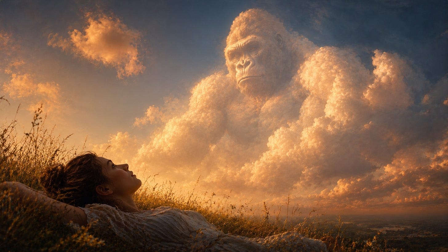 A woman lies in long summer grass on a hillside at golden hour, gazing upward in quiet wonder. Above her, a vast cloud formation has gathered into the unmistakable shape of a gorilla, with a broad brow, deep-set eyes, and powerful shoulders rendered entirely from sunlit vapour. Warm amber light gilds the edges of the cloud while the rest of the sky remains filled with ordinary drifting clouds. The scene is framed from a low angle, looking past the woman toward the towering cloud-gorilla against a deepening blue sky. A woman lies in long summer grass on a hillside at golden hour, gazing upward in quiet wonder. Above her, a vast cloud formation has gathered into the unmistakable shape of a gorilla, with a broad brow, deep-set eyes, and powerful shoulders rendered entirely from sunlit vapour. Warm amber light gilds the edges of the cloud while the rest of the sky remains filled with ordinary drifting clouds. The scene is framed from a low angle, looking past the woman toward the towering cloud-gorilla against a deepening blue sky.